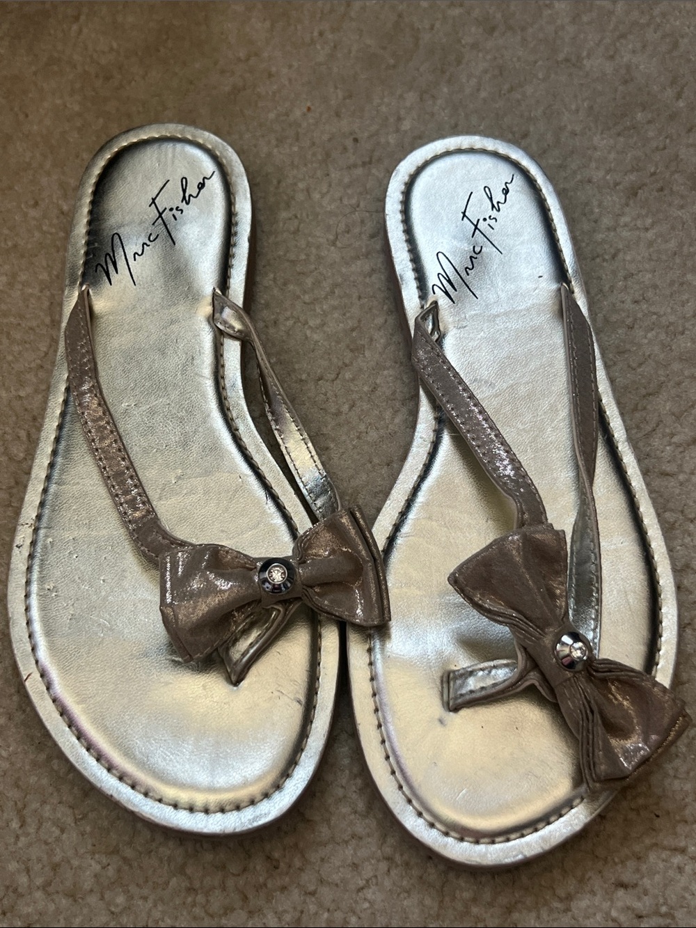Marc Fisher Metallic gold Thong Sandals with Bronze Bow